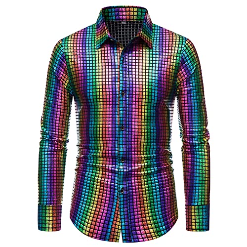 Hemd Langarm Pailletten Glitzer Hemd Freizeithemden für Karneval Kostüm Rave Hemden 80er Jahre Outfit Glitzerhemd Freizeithemden Oberteil Shirt Disco Party Kleidung,Männer von Generic