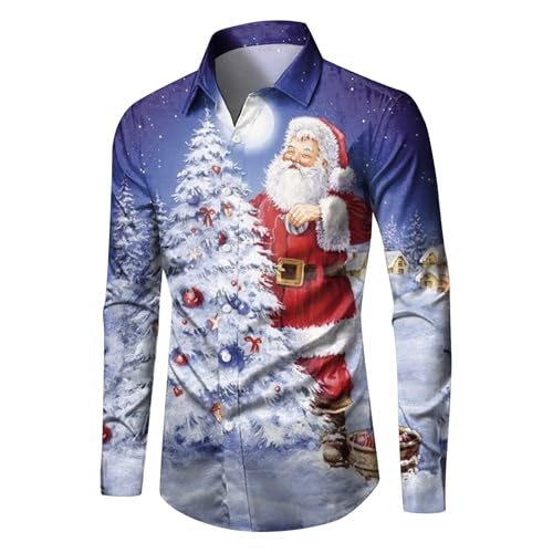 Generic Herren Hawaii Hemd 3D Druck Weihnachtshemd Slim Fit Langarm Ugly Christmas Shirt Freizeithemd Xmas Hawaiihemd - Polyester 100% - 3XL - 03 Dunkelblau - Weihnachten, Hochzeit, Halloween von Generic