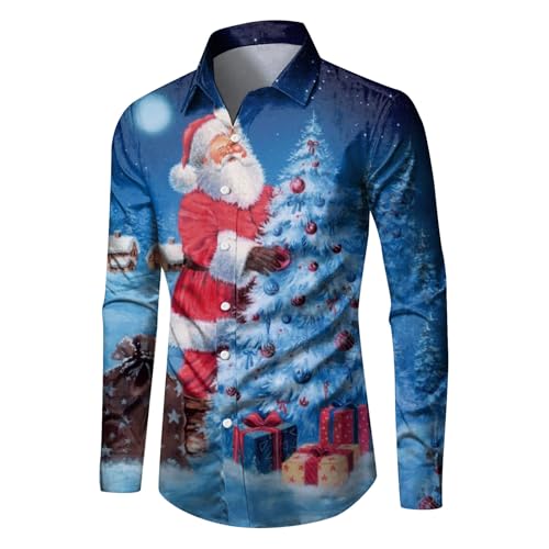 Generic Herren Weihnachten Hawaii Hemd 3D Druck Weihnachtshemd Slim Fit Hemden Weihnachtspullover Lustig Weihnachtsmann Langarm Ugly Christmas Shirt Freizeithemd Xmas Hawaiihemd von Generic