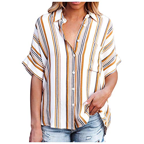 Hemdbluse Damen Gestreift Hemd Oversized Elegant Oberteile Sommer Damenblusen Kurzarm Longshirt Mit Knopfleiste Leinenbluse- Longbluse Elegant Lose Blusenshirt Tops Streifen-Shirt von Generic