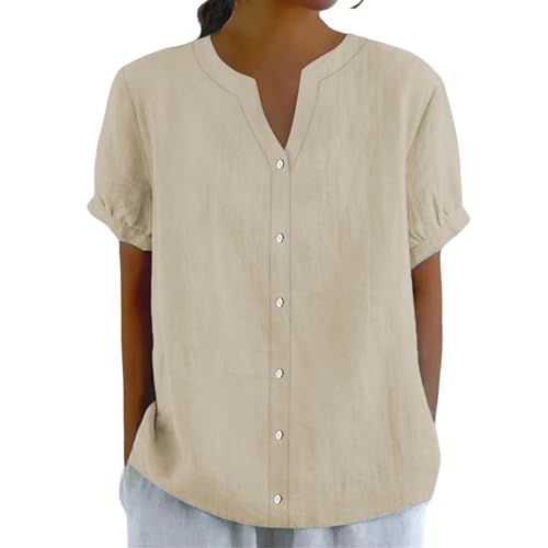 Hemdbluse Damen Kurzarm Baumwolle Leinen - Blusen Button-Down Leinenbluse V-Ausschnitt Blusenshirt Locker Casual Oberteile Strand T-Shirts Lose Leinenshirt Einfarbg Elegante Tunika-Shirt von Generic