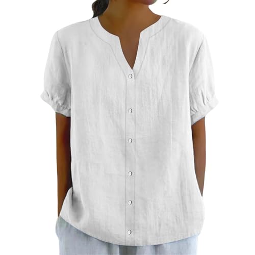 Hemdbluse Damen Kurzarm Baumwolle Leinen - Blusen Button-Down Leinenbluse V-Ausschnitt Blusenshirt Locker Casual Oberteile Strand T-Shirts Lose Leinenshirt Einfarbg Elegante Tunika-Shirt von Generic