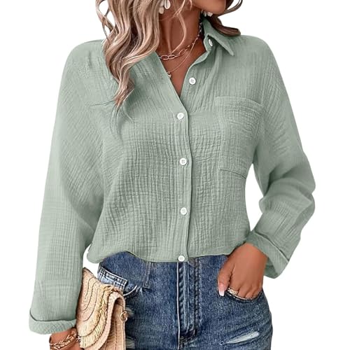Hemdbluse Damen Lang Einfarbig Langarm Hemdbluse Sommer Button Down Oberteile Lässige Tunika Damenblusen Oversized T-Shirt Teenager Mädchen Leicht Freizeithemd Longbluse Blusenshirt von Generic