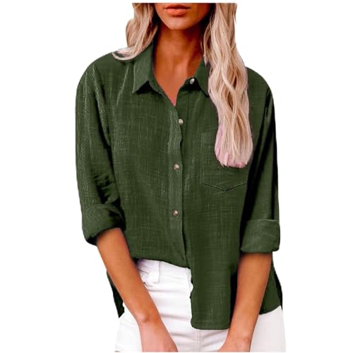 Hemden Damen,Hemd Damen Elegant,Leinen Damenhemd Sommer Langarm Revers Button Down Hemd Leichte Gaze lose lässige Mode Shirt Kleidung,Grün,3XL von Generic
