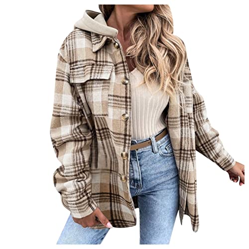 Hemdjacke Damen Kariert-HolzfäLlerjacke Mit Kapuze Oversize Hemdbluse Kariertes Jacke Sommer üBergangsjacke Mit Knopfleiste Karo-Blusenshirt Bomberjacke Kariert Jacke von Generic