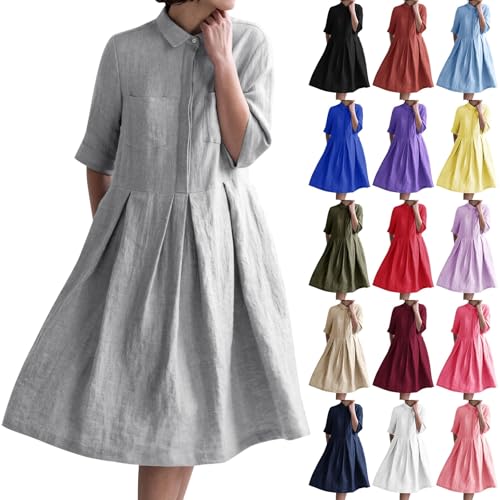 Hemdkleid Damen Sommer Hemdblusenkleid mit 1/2 Ärmeln Elegant Kleider Knielang Damenkleid Baumwolle Leinen Sommerkleid Revers Einreihiges Leinenhemd Casual Wickelkleid Strandkleid von Generic