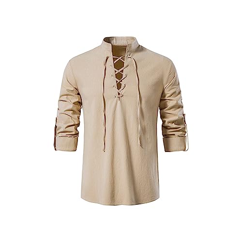 Henley Langarmshirt Herren Stehkragen, Hemd Langarm-Shirt Herren Schnüren Vintage Einfarbig Slim Fit Mittelalter Langarmhemd Steampunk Regular Fit Freizeithemden Top Oberteile Halloween von Generic