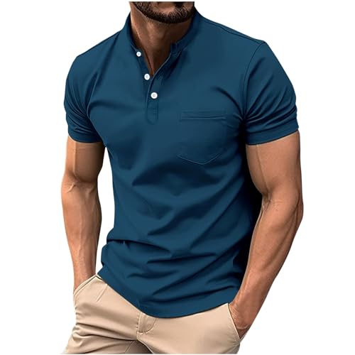 Henley Shirt Herren Baumwolle Stehkragen Tshirt Kurzarm Sommer T Shirt Business Henleyshirt mit Knopfleiste Basic Herren-T-Shirt Casual Kurzarmshirt Sale Blau L von Generic