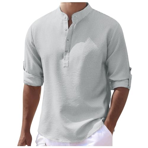 Henley Shirt Herren Mode Streifen Freizeithemd Mit Knöpfe Stehkragen Einfarbig Business-Hemd Locker Langarm Casual Shirts Leicht Luftig Lässiges Hemd Schlichter Modern Tops von Generic