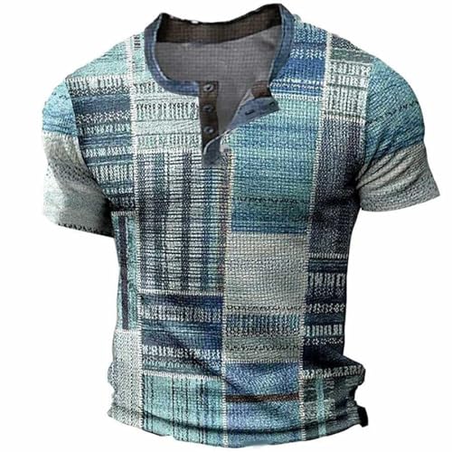 Henley Shirt Herren Tshirt mit Knopfleiste Kurzarm Hemd Männer Freizeithemd Vintage Casual Leicht Baumwolle Slim Fit V Ausschnitt T-Shirt Sommer Oberteile Mode Basic Tshirt Hellblau XXL von Generic