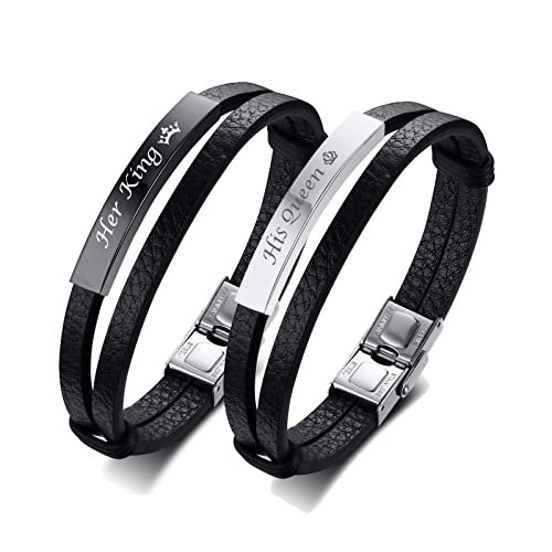 Her King His Queen Paar Armbänder, Unisex Inspirational Schmuck Doppelschichten PU Leder Armband Sein und Ihr Distanz Matching Set Für Weihnachten Jubiläum Hochzeit Geburtstag Valentinstag von Generic