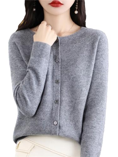 Herbst 100% Feste Merino Wolle Frauen O-Neck Strickjacke Kaschmir Pullover Weibliche Kleidung, grau, L von Generic