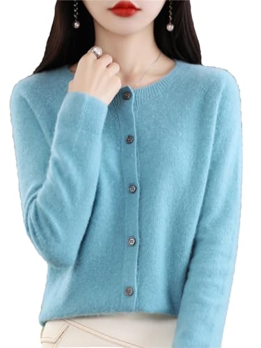 Herbst 100% Feste Merino Wolle Frauen O-Neck Strickjacke Kaschmir Pullover Weibliche Kleidung, seeblau, XX-Large von Generic