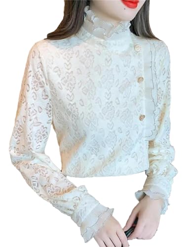 Herbst Basic Spitze Vintage Tops Elegant Langarm Frauen Lose Büro Hemden, aprikose, M von Generic