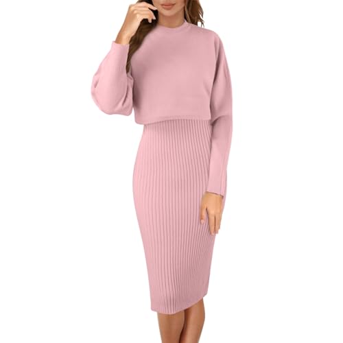 Herbst Damen Langarm Lazy Style Modisches Festes Strickkleid Zweiteiliges Mittellanges Wollkleid Rollkragenpullover Pulloverkleid Winter Strickpullover (WE-Pink, One Size) von Generic