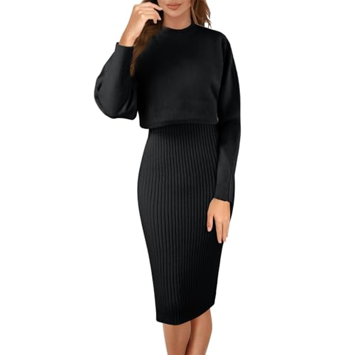 Herbst Kleider Damen Langarm Lazy Style Modisches Festes Strickkleid Zweiteiliges Mittellanges Wollkleid Rollkragenpullover Pulloverkleid Winter Strickpullover (WE-Black, One Size) von Generic