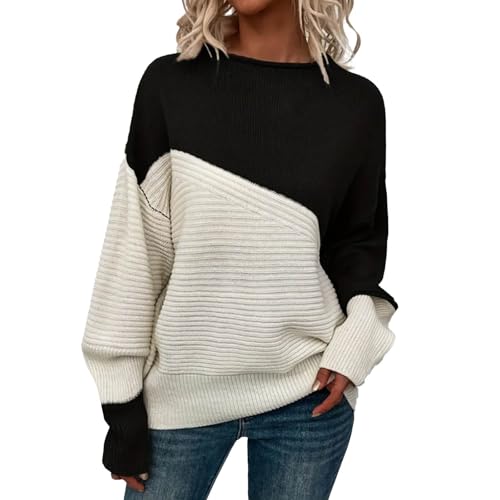 Herbst Look Damen Damenpullis Langarm Winter Women S 2024 Spring and Autumn Knitted Sweater Spliced ​​Contrast Color Pullover Round Neck Versatile Top Damen Pullover Elegant Sweatshirt Black L von Generic