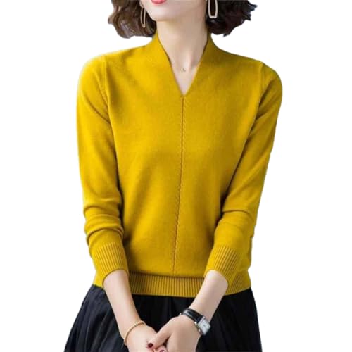 Herbst Winter Frauen V-Ausschnitt Weiche Strickpullover Damen Solide Langarm Pullover, gelb, M von Generic