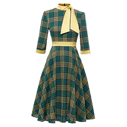 Herbst- und Winterkariertes Rollkragen-Grün-Damenkleid mit sieben Viertelärmeln und großem Saum Etuikleider Elegant Knielang (Green, S) von Generic