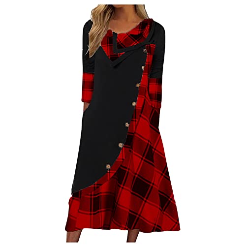 Herbstkleid Damen, Kleider Damen Rockabilly Blusenkleid Wollkleid Winter Maxikleid Hochzeitsgast Kariertes Kleid Damen Hochzeitsgast Kleid Damen Prinzessin Wickelkleid Langarm Rückenfreies (Rot,XL) von Generic