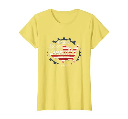 Hergestellt in Amerika, patriotische US-Flagge, Landkarte, industriell T-Shirt, Damen, Gelb, 3XL von Generic