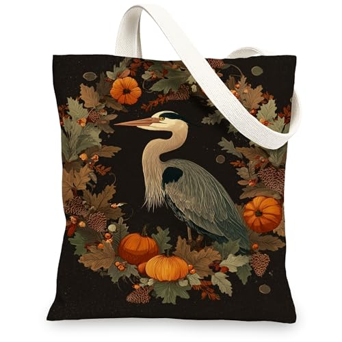 Heron Wiederverwendbare Leinentaschen mit rustikalem Reiher-Muster, Vintage, Herbstbeutel, leicht, waschbar, mit Schultergurt, Schwarz, 13x15 Inch von Generic