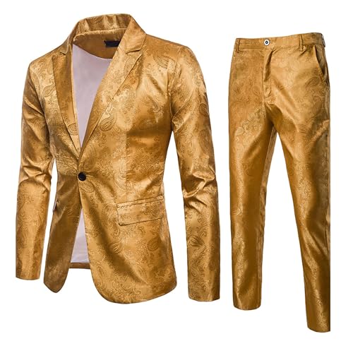 Herren 2 Stück Floral Tuxedo Anzüge 1 Knopf Party Hochzeit Glänzende Blazer Hosen Sets Slim Fit Performance Kleidungsanzug (Gelb,M) von Generic