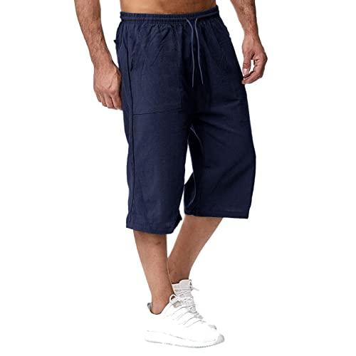 Herren 3/4 Hose Lose Sommer Leinenhose Elastischer Bund Strandhose mit Seitentasche Casual Einfarbig Sporthose Shorts Baumwolle Leinen Caprihose(Navy,L) von Generic