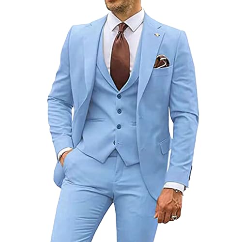 Herren 3 Stück Casual Tuxedo Anzüge Kerbe Revers Slim Business Anzug Set Hochzeit Prom Party Blazer Jacke Weste Hose (Blau1,M) von Generic