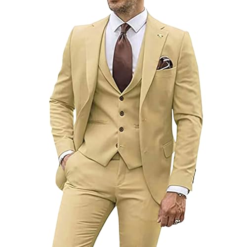 Herren 3 Stück Casual Tuxedo Anzüge Kerbe Revers Slim Business Anzug Set Hochzeit Prom Party Blazer Jacke Weste Hose (Champagner,M) von Generic