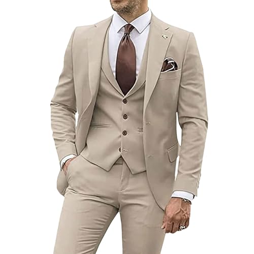 Herren 3 Stück Casual Tuxedo Anzüge Kerbe Revers Slim Business Anzug Set Hochzeit Prom Party Blazer Jacke Weste Hose (Khaki,4XL) von Generic