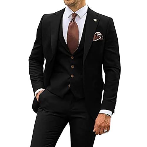 Herren 3 Stück Casual Tuxedo Anzüge Kerbe Revers Slim Business Anzug Set Hochzeit Prom Party Blazer Jacke Weste Hose (Schwarz,3XL) von Generic
