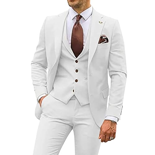 Herren 3 Stück Casual Tuxedo Anzüge Kerbe Revers Slim Business Anzug Set Hochzeit Prom Party Blazer Jacke Weste Hose (Weiß,7XL) von Generic