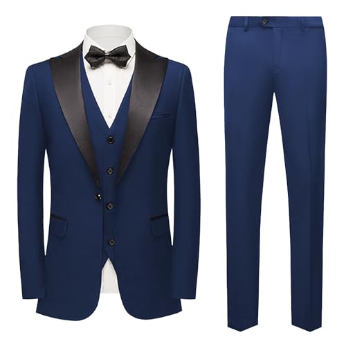 Herren 3 Stück Formale Anzug Set Peak Revers Slim Fit Stilvoller Smoking Anzug Hochzeit Prom Bankett Blazer Weste Hose (Blau,XXL) von Generic