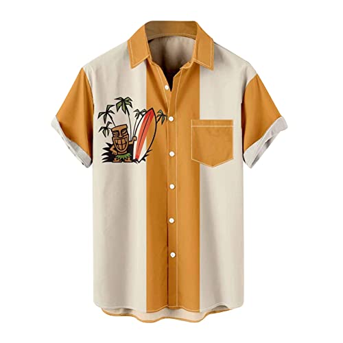 Herren 50er Jahre Herren Kleidung Rockabilly Stil Baumwolle Herren Hemden Kurzarm Fifties Bowling Casual Button-Down Shirts(Yellow,3XL) von Generic