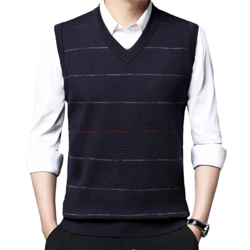 Herren Ärmelloser Pullover Streifen Pullover Weste Business Casual V-Ausschnitt Pullover Sweater Weste, marineblau, Medium von Generic