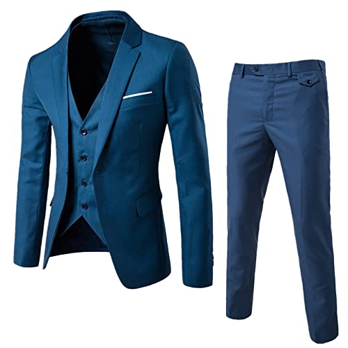 Herren Anzüge 3-teilig Slim Fit Einreihig Eine Knöpfe Hochzeit Smoking Anzug Blazer Weste Hose (Blau2, XL) von Generic