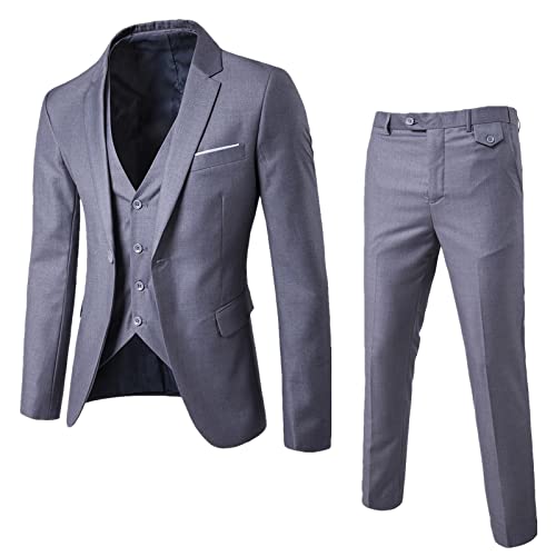 Herren Anzüge 3-teilig Slim Fit Einreihig Eine Knöpfe Hochzeit Smoking Anzug Blazer Weste Hose (Grau, L) von Generic