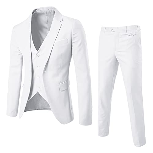 Herren Anzüge 3-teilig Slim Fit Einreihig Eine Knöpfe Hochzeit Smoking Anzug Blazer Weste Hose (Weiß, XXL) von Generic
