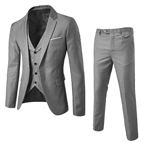 Herren Anzug Set Slim Fit 3 Teilig Anzüge für Hochzeit Business Herrenanzug Sakko Anzughose Weste (Grey, XXXL) von Generic