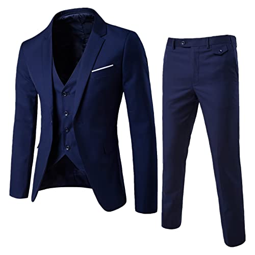 Herren Anzug Set Slim Fit 3 Teilig Anzüge für Hochzeit Business Herrenanzug Sakko Anzughose Weste (Navy, XXL) von Generic