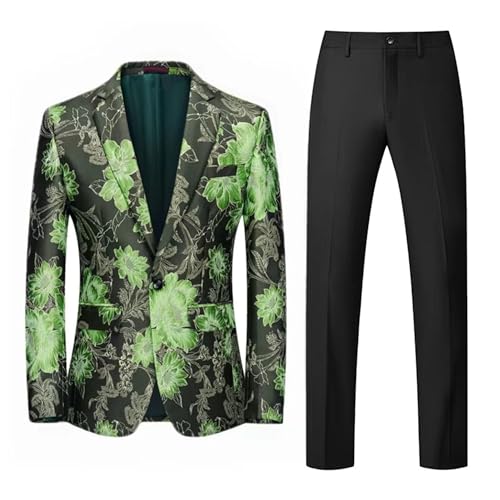 Herren Anzug Sets mit Blumen Jacquard Slim Fit 2 Stück Groomsman Smoking Anzug Hochzeit Prom Party Anzug Jacke Hose (Grün1,L) von Generic