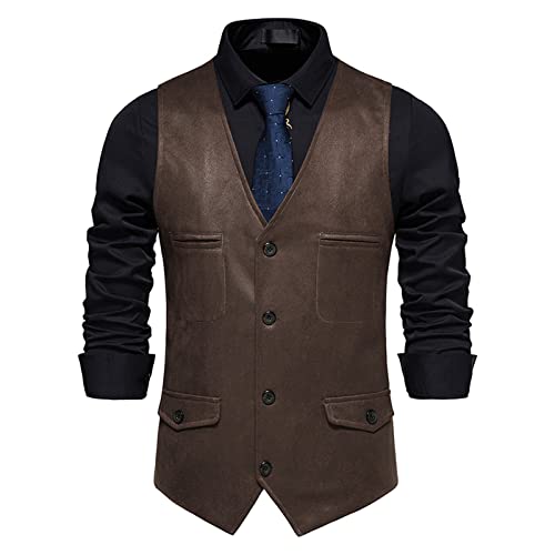 Herren Anzugwesten Lederweste Männer Aermellos Sport Weste Button-down v Collar Lässig Weste Vintage Cowboy Stil Weste Verschleißfest Winter Frühling Alltagskleidung Sportjacke Regular Fit M-3XL von Generic