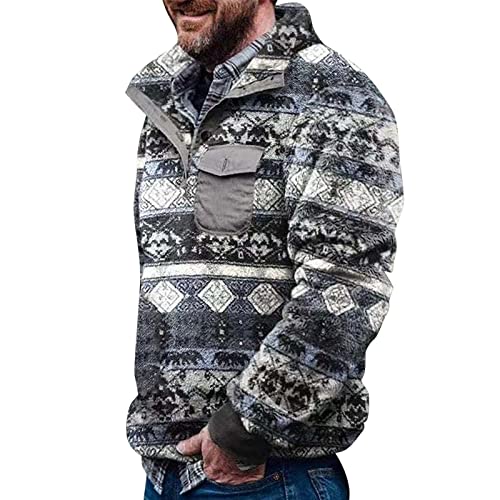 Herren Aztec Fleece Pullover Fuzzy Sherpa Fleecejacke Button down Sweatshirt Warm Vintage Sweatpullover mit Tasche für Männer AP XL von Generic