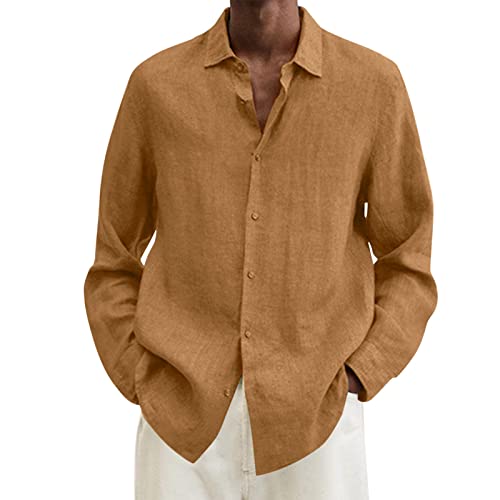 Herren Baumwoll Leinen Hemden Lässige Langärmlige Oberteile Sommer Dünnschnitt Atmungsaktive Entspannt Herren Shirt Langarm Freizeithemd für Herren Umlegekragen Leichtes Hemd Khaki-I 5XL von Generic