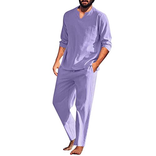 Herren Baumwolle Leinen Schlafanzug Zweiteiliger Nachtwäsche Langarm Shirt und Loungehose mit V Ausschnitt Männer Pyjama-Set Retro Lange Ärmel T-Shirt Freizeitanzug von Generic