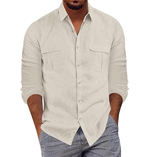 Herren Baumwolle Leinenhemd Herren Hemd Kurzarm Henley Sommerhemd Regular Fit Freizeithemd Casual mit Taschen M-3XL von Generic