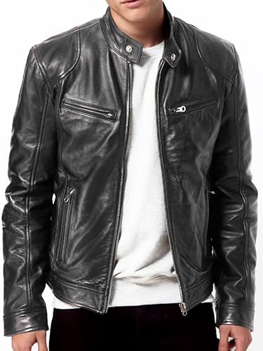 Herren Bikerjacke aus echtem Lammleder, Vintage-Look, echtes Braun, Motorradjacke für Herren, schwarz, Medium von Generic