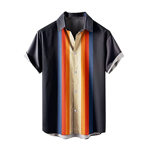 Herren Bowling Shirt Hemd Rockabilly 50er Vintage Retro Freizeithemd Button Down Hemd Sommer Shirt Tops Oberteile M-3XL(Black,XL) von Generic