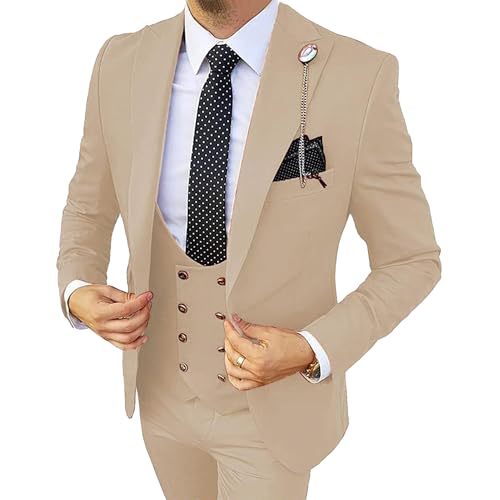 Herren Business Casual Bräutigam Anzug Set 3 Stück Slim Fit Double Breasted Smoking Anzüge Formal Anzug für Hochzeit Prom (Beige,XS) von Generic